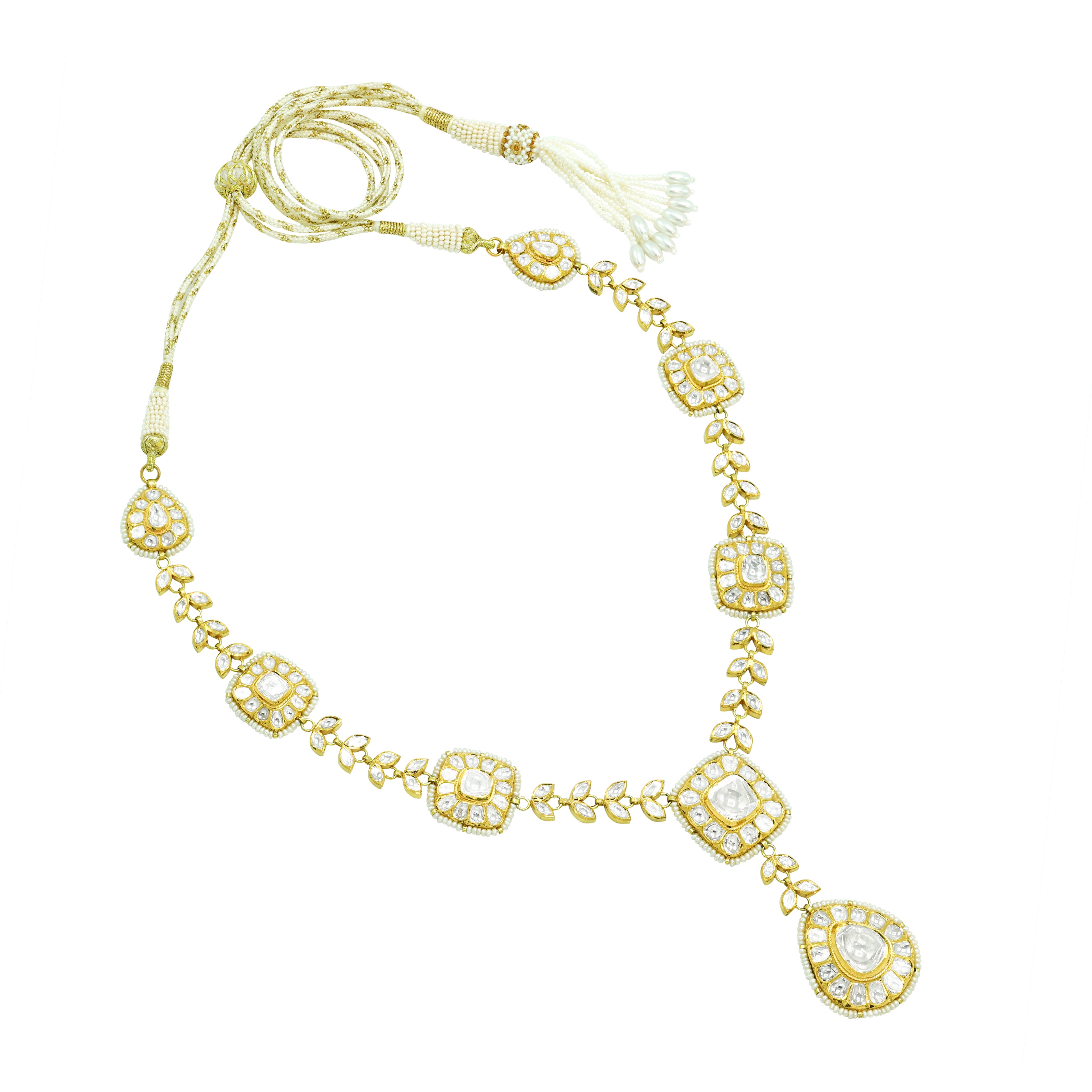 Polki Square Necklace Set with Polki Leaves and Pear Drop